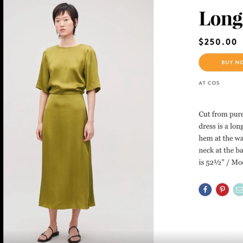COS Satin Olive Midi Dress with Relaxed Bodice